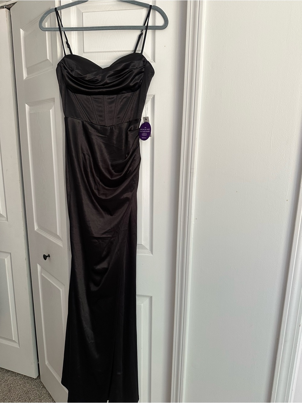 Classic Black Satin Evening Dress with Spaghetti Straps